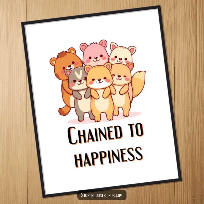 Funny poster showcasing a diverse group of animals joyfully linked hand-in-hand, forming an uplifting chain.