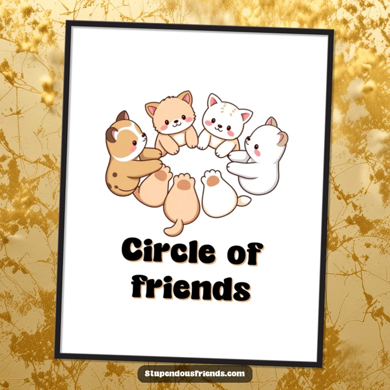 Funny poster illustrating a group of diverse animal characters linking their paws in a circular formation, representing unity and camaraderie.