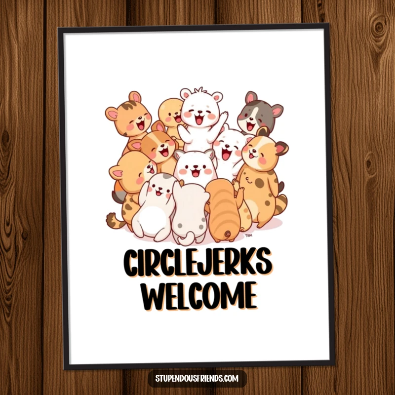 Funny Poster: A group of diverse animals in a circle are laughing and cheering together, radiating pure happiness and camaraderie.