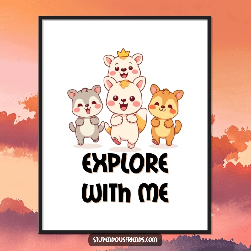 Funny Kawaii animal leading friends on an adventure, pointing forward on a vibrant wall poster, a humorous and motivational art piece for gifting.