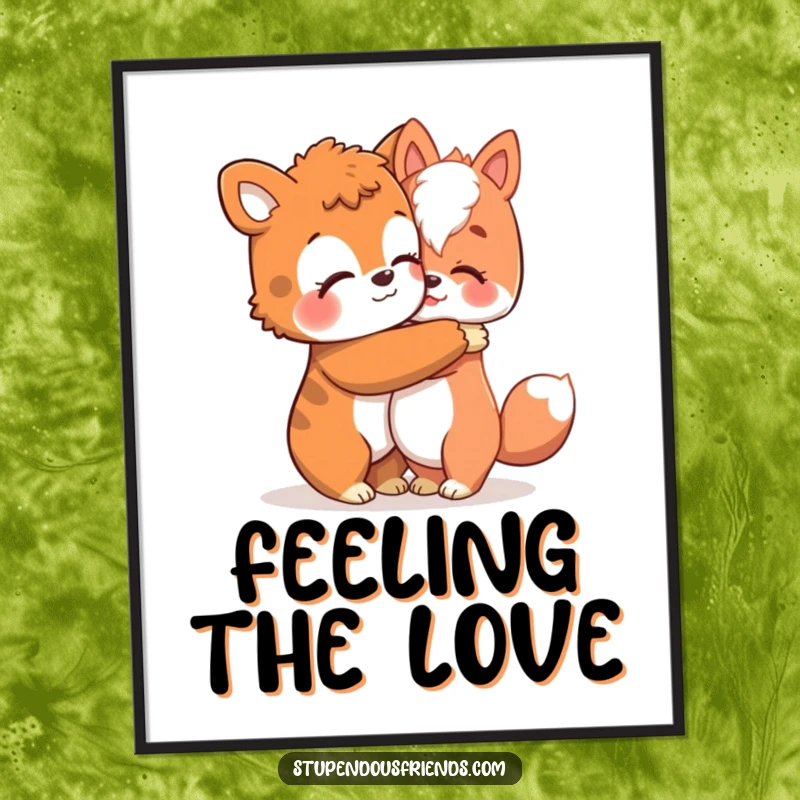 Funny poster art of an animal character giving a warm, comforting hug, capturing the essence of friendship and care.