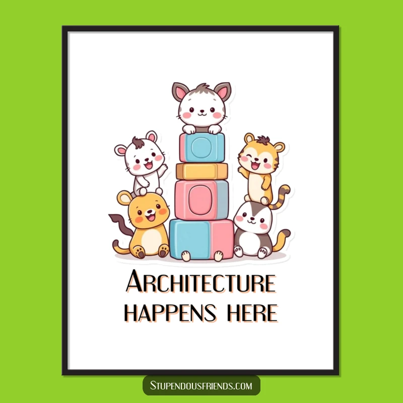 Funny Animal Block Tower Poster: Vibrant Wall Art for Humorous Homes