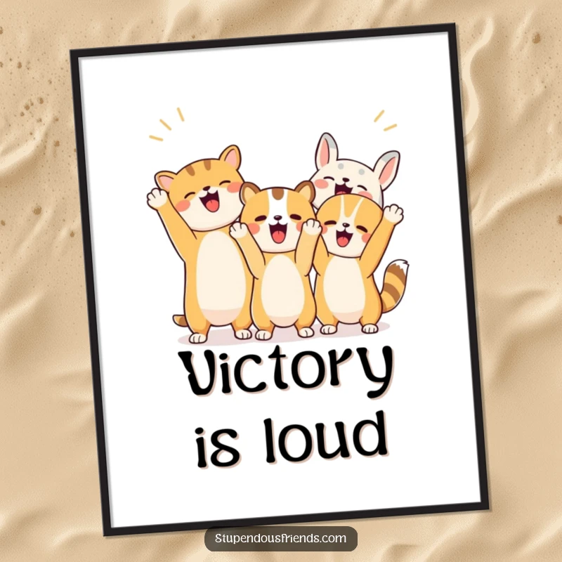 Funny poster depicting a lively scene of animals with raised paws, cheering enthusiastically and celebrating together.