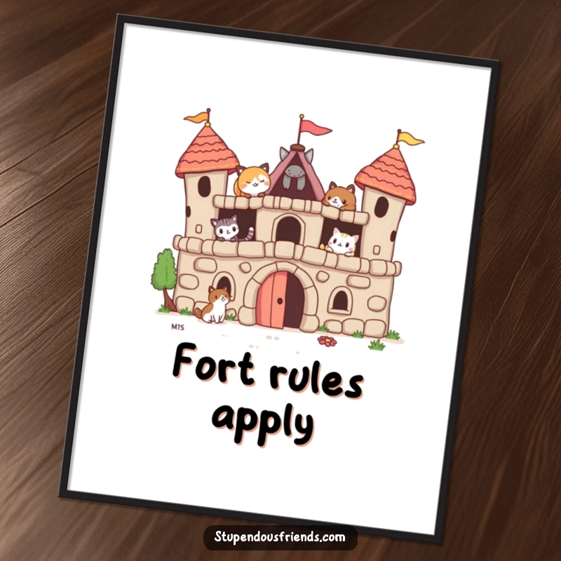 Funny poster showing cute animal friends working together to build a whimsical fort, symbolizing teamwork and friendship.