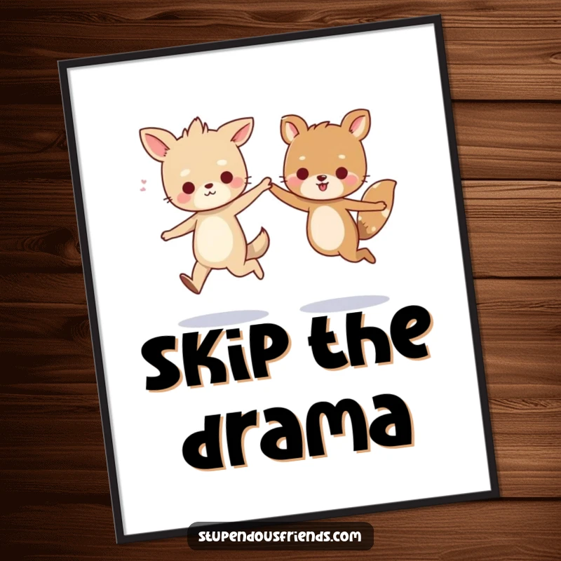 Funny poster print of two cartoon animals skipping playfully, holding hands, creating a delightful scene of friendship and whimsical humor on any wall.