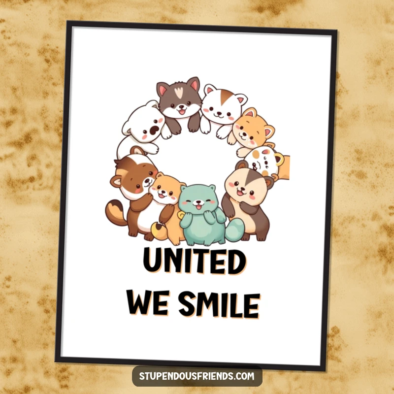 Funny poster displaying a circle of diverse, smiling animal characters holding paws, conveying warmth, unity, and happiness.