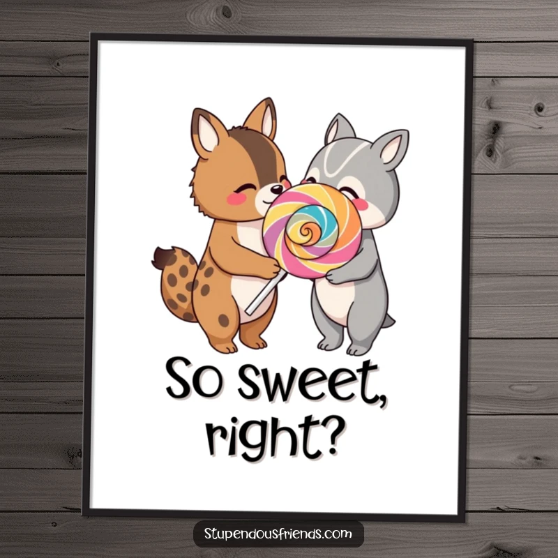 Funny poster displaying two delightful animal characters sharing a huge, vibrant lollipop, creating a scene of pure joy and friendship.
