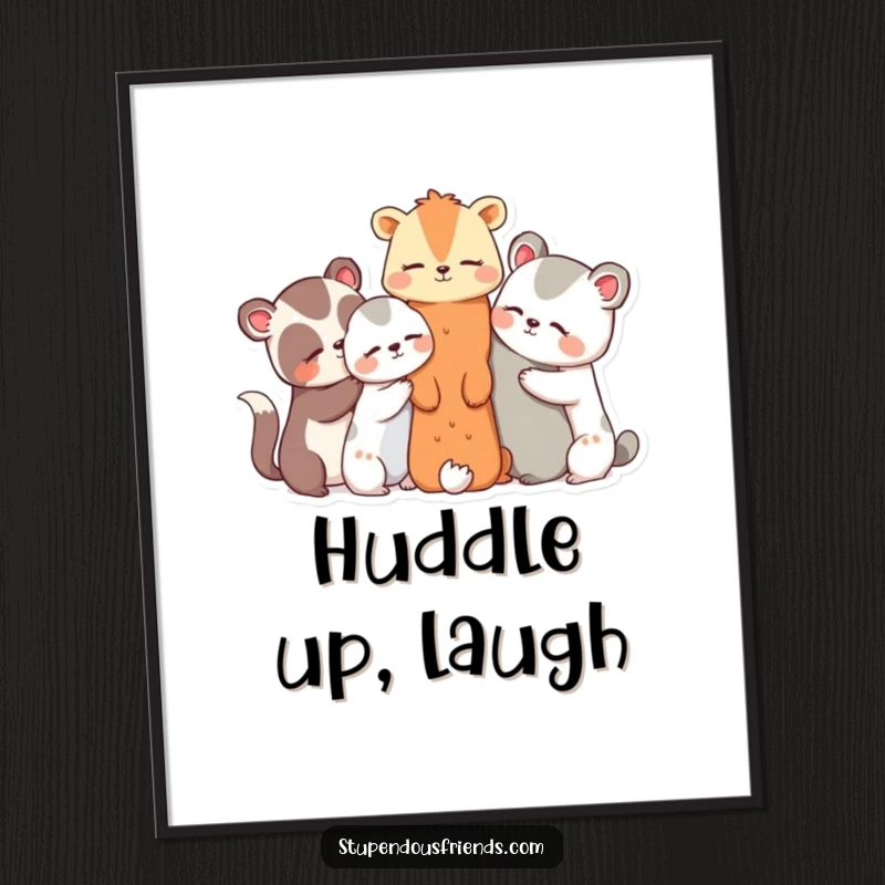 Funny poster illustrating a group of charming animal characters huddled together, sharing secrets and bursting into giggles.