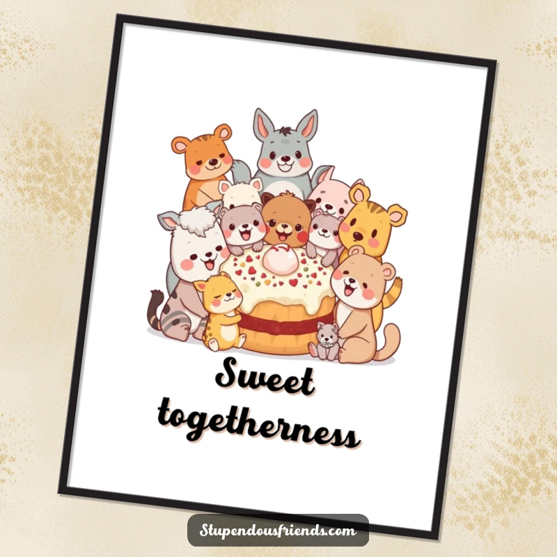 Funny Poster: A diverse group of smiling animal characters gathered together, happily sharing a giant, delicious-looking treat.