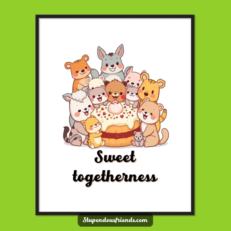 Funny Animal Sharing Poster: Feast Together! Joyful Art Print.