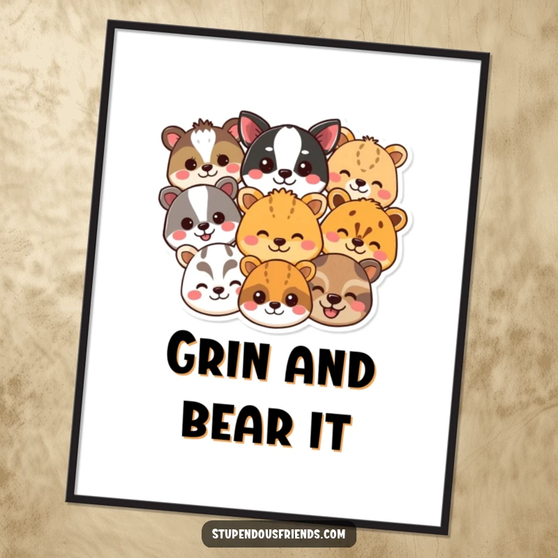 Funny animal smile poster displaying a lively collage of happy animal heads, creating a cheerful and humorous wall decoration. Excellent funny gift.