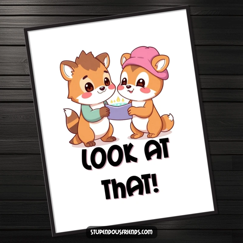 Funny poster depicting two animal characters looking at a shared, wondrous discovery with delight, celebrating curiosity and amazement.