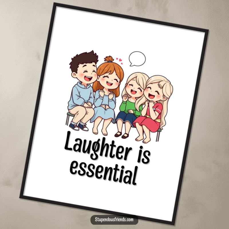 Funny poster capturing a group of friends bursting into laughter while sharing jokes, celebrating the joy of connection and humor.