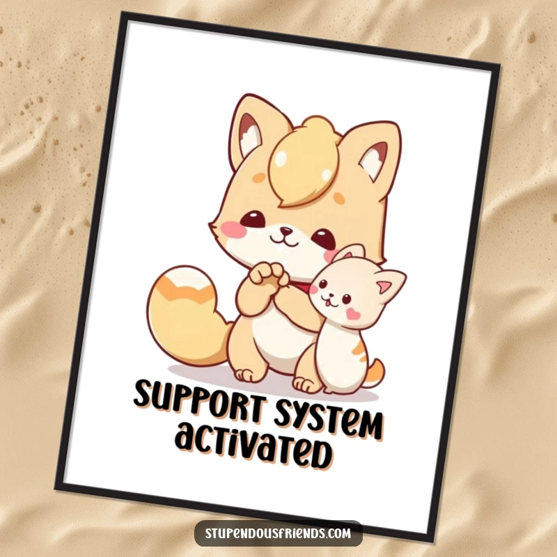 Funny poster print of a character offering a helping paw to a friend, evoking feelings of kindness, support, and humorous empathy.