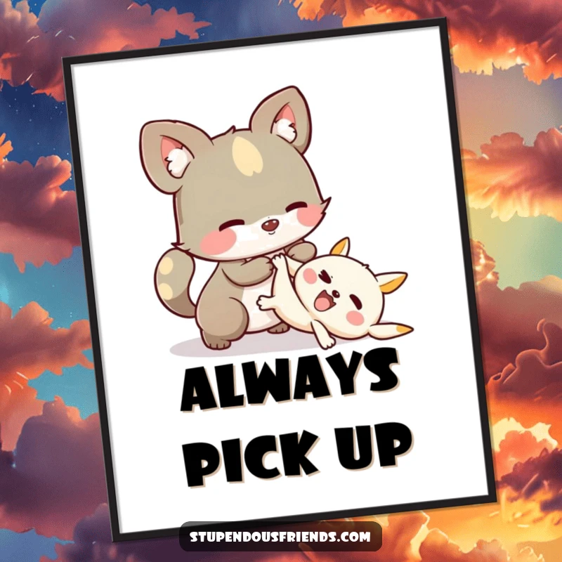 Funny Poster: A whimsical animal character helping another character to rise after a playful tumble, emphasizing care and support.