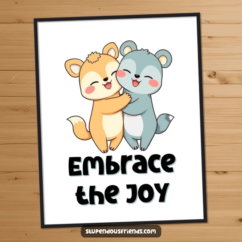 Funny hugging animals poster displaying two ecstatic creatures locked in a joyful embrace, radiating pure happiness.