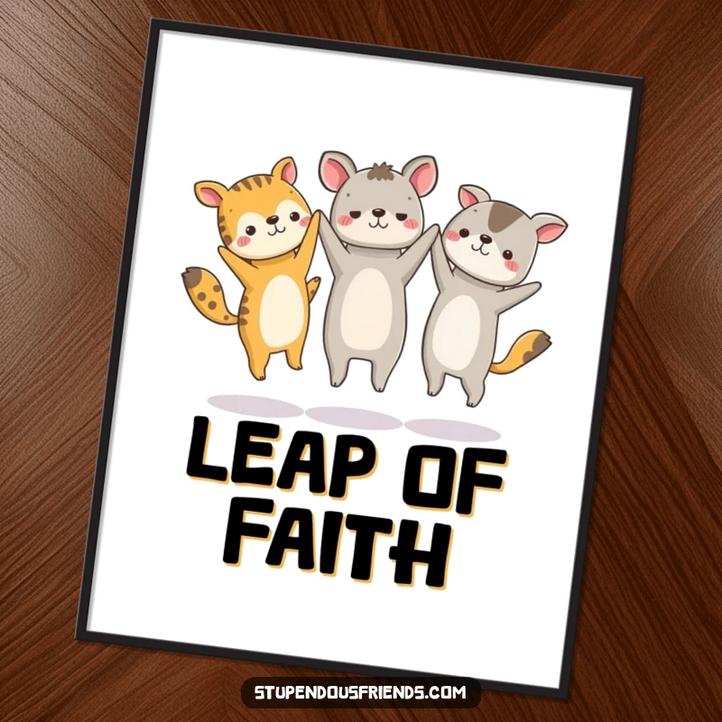 Funny poster art capturing a group of ecstatic animal characters holding hands and jumping jubilantly in a circle.