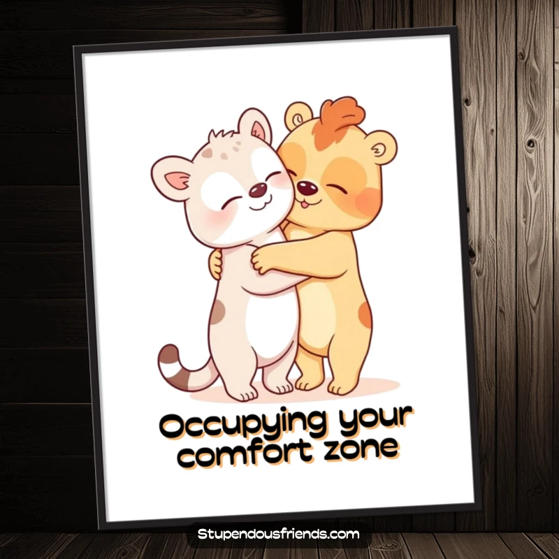 Funny Poster of two animals in a comically oversized hug, a humorous cartoon illustration that adds joy and laughter to any wall space.