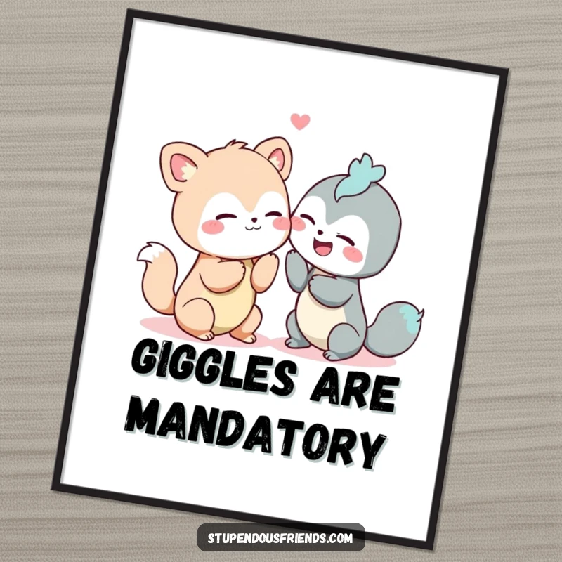 Funny poster capturing a moment of conspiratorial whispering and giggling between two delightful animal characters.