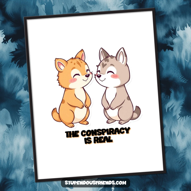 Funny poster depicting a group of animals leaning in, whispering secrets with wide conspiratorial grins.