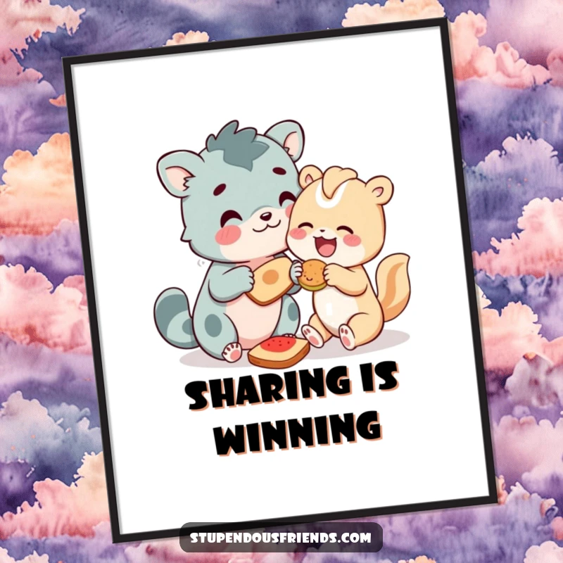 Funny Animal Poster depicting characters sharing food with joy, celebrating friendship and generosity in a humorous and heartwarming artwork.