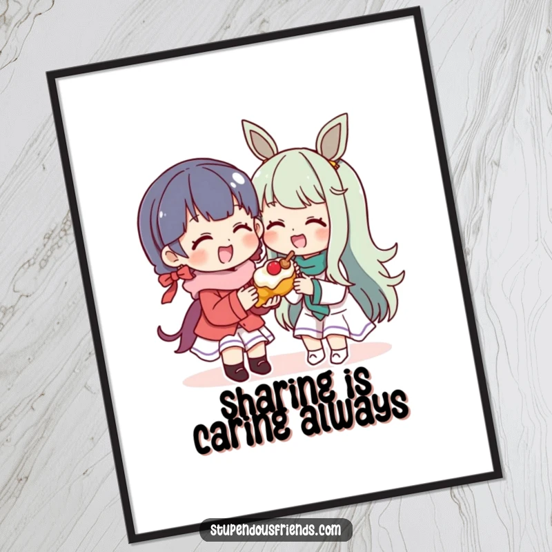 Funny Poster: A character generously shares a yummy treat with a joyful friend. This funny artwork radiates kindness and happiness.