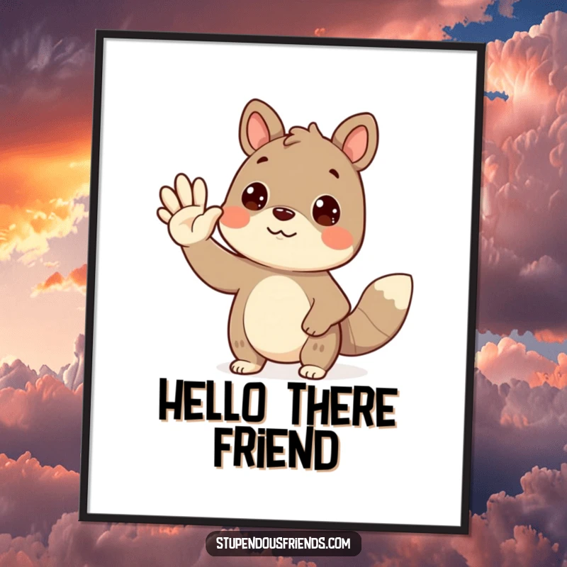 Funny waving animal poster featuring a cute creature extending a friendly, welcoming wave, adding cheer to decor.