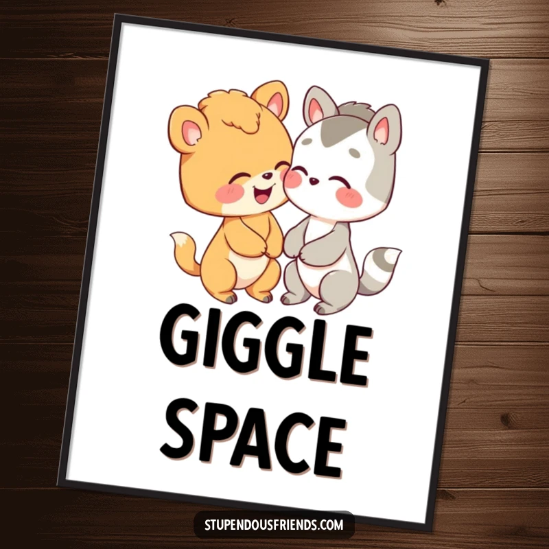 Funny poster depicting two charming animal characters sharing a secret that makes them giggle uncontrollably.