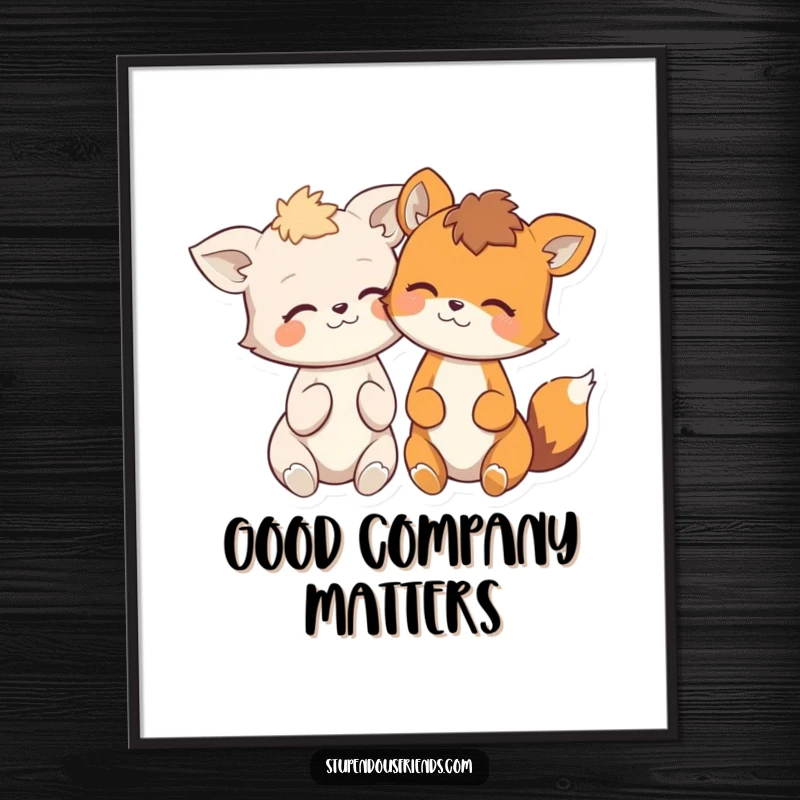 Funny poster featuring two animal characters in a state of joyful, shared amusement, leaning on each other.