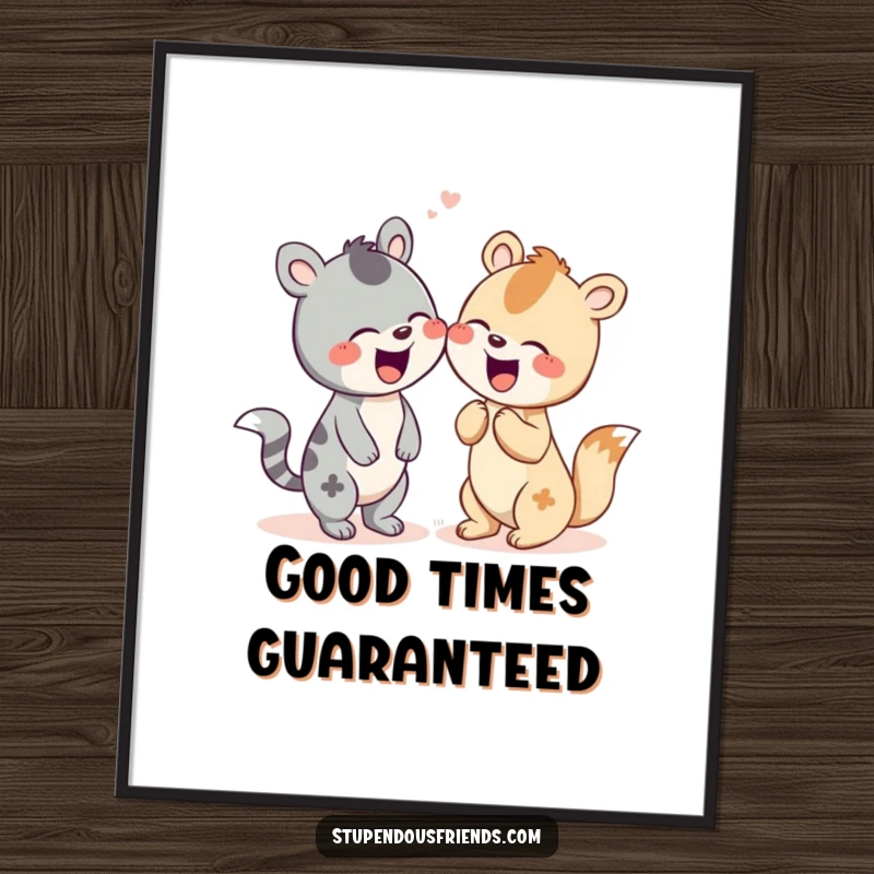 Funny poster showcasing two cheerful animal characters sharing a contagious giggle, spreading joy.