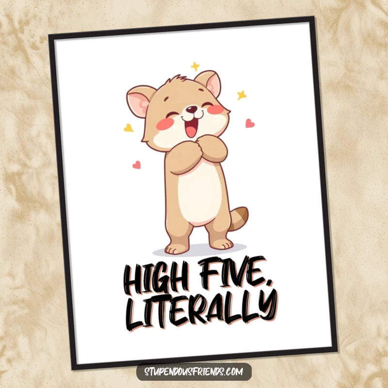 Funny poster illustrating a heartwarming scene of an animal character lifting another in a joyful celebratory embrace, adding humor to decor.