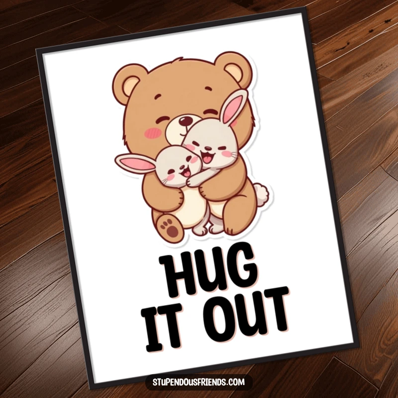 Funny bear and rabbit poster, depicting a bear cheerfully embracing a rabbit, symbolizing kindness and heartwarming friendship.