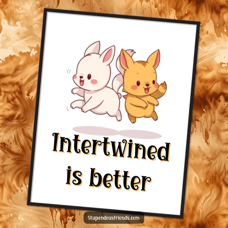 Funny poster depicting a dynamic scene of animals playfully running, their tails forming a comical, intertwined pattern.