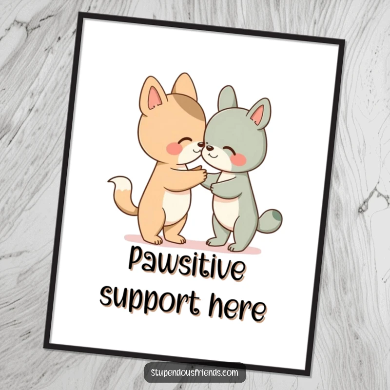 Funny poster displaying an animal character extending a paw to assist a friend, symbolizing hope and companionship.