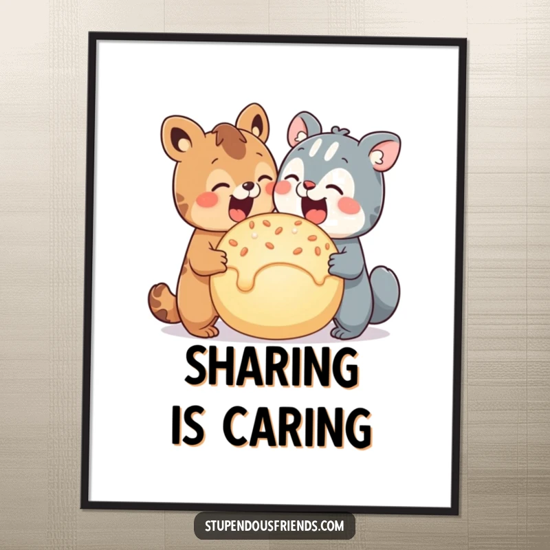 Funny poster illustrating two adorable animal characters delightedly sharing an enormous, tempting treat, celebrating friendship.