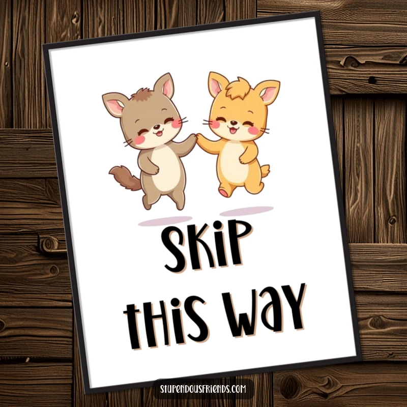 Funny poster showcasing two endearing animal characters joyfully skipping hand-in-paw, captured in a moment of pure, spirited fun.