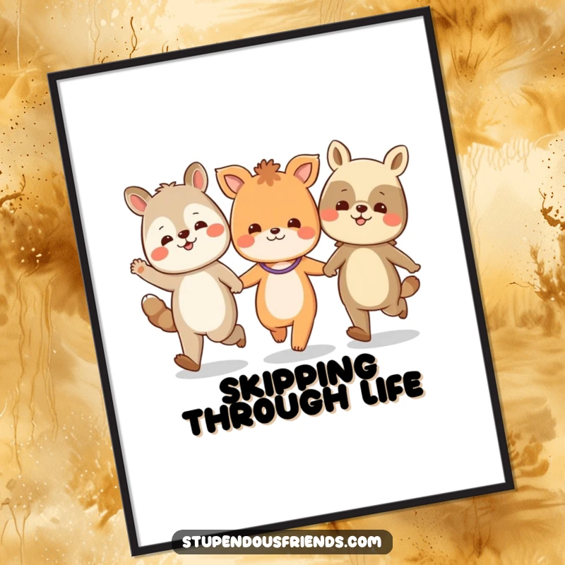 Funny poster art depicting a line of joyful animal characters skipping together, holding hands and radiating happiness.