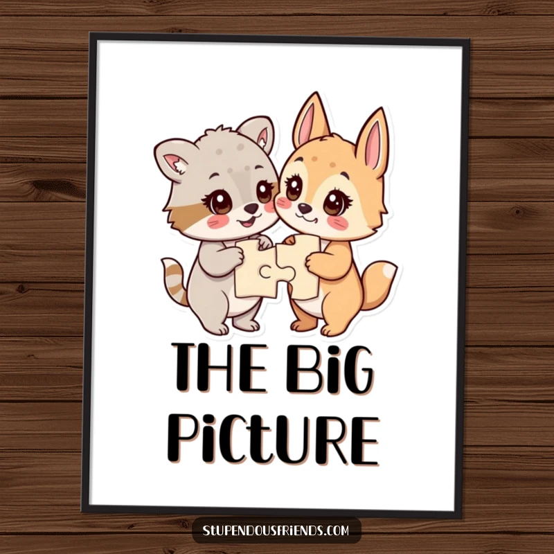 Funny poster depicting animals with sparkling eyes, looking proud after successfully completing a challenging jigsaw puzzle.