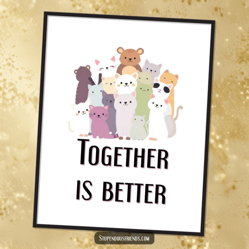 Funny poster displaying a silhouette of various animals in a close, cheerful huddle, representing solidarity and friendship.