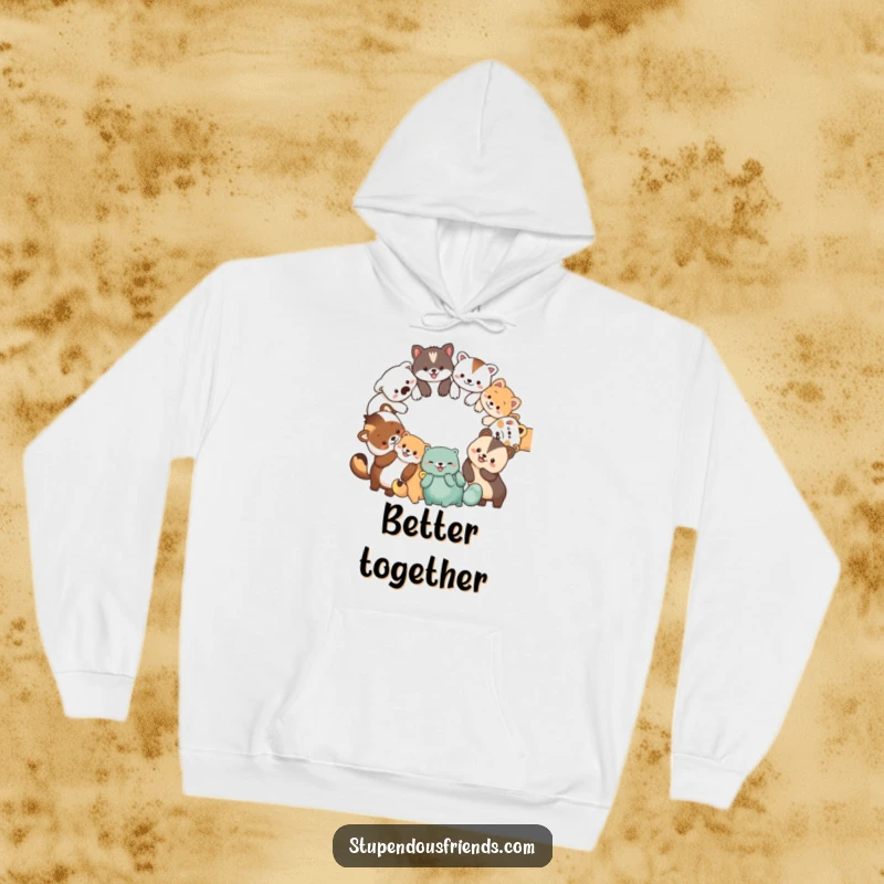 Funny hoodie showcasing a circle of diverse, smiling animal characters holding paws, perfect for cozy and happy moments.