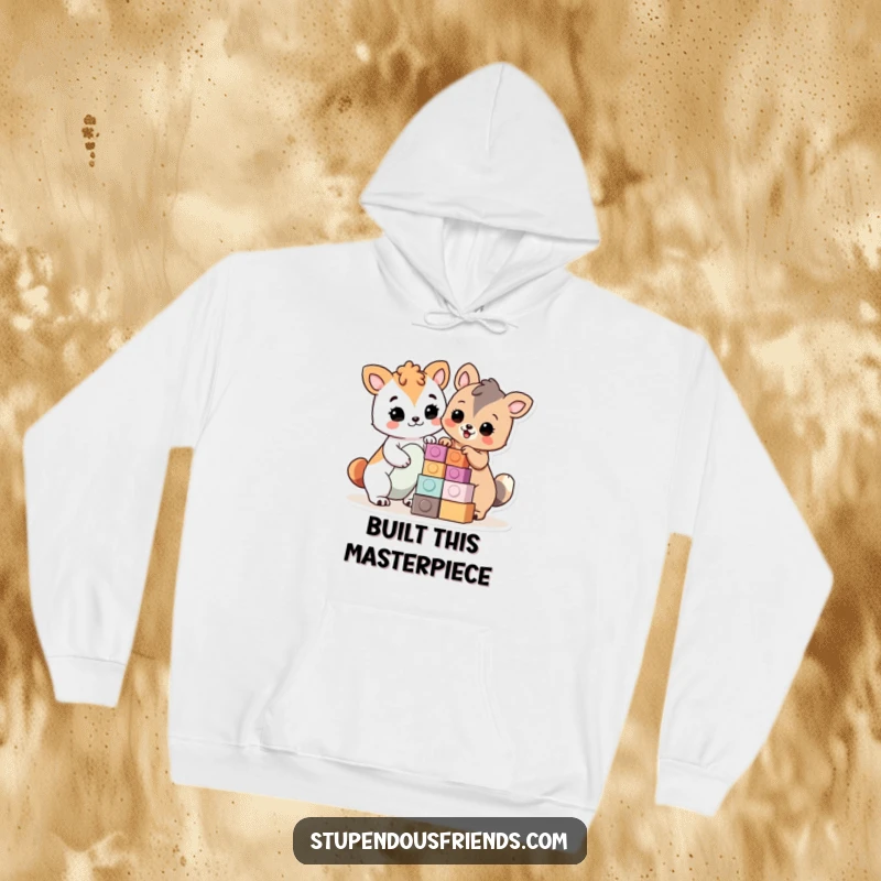 Funny Hoodie: Animals proudly constructing with blocks, symbolizing teamwork and pride, ideal for a warm, funny gift.