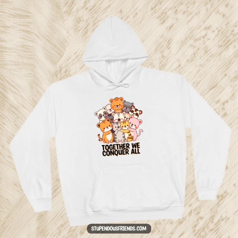 Funny Hoodie: Diverse animal friends in a massive, loving hug. This cozy and funny apparel is perfect for spreading warmth and cheer.