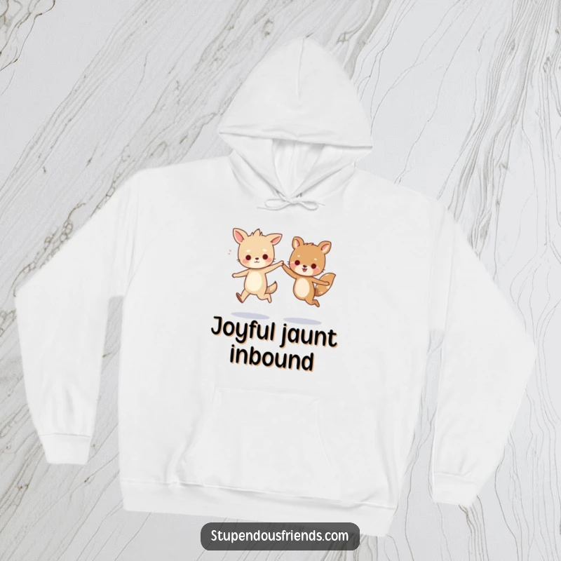 Funny hoodie depicting two delightful cartoon animals skipping side-by-side, holding hands, exuding warmth and playful friendship for a humorous effect.