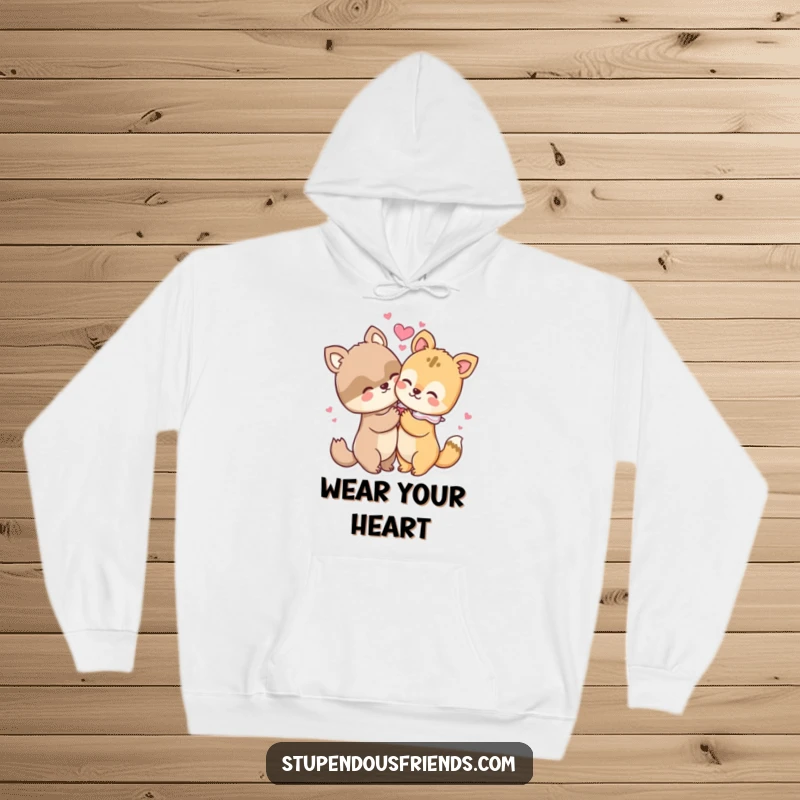 Funny hoodie with two cute animal characters hugging closely, radiating love and friendship with colorful hearts.