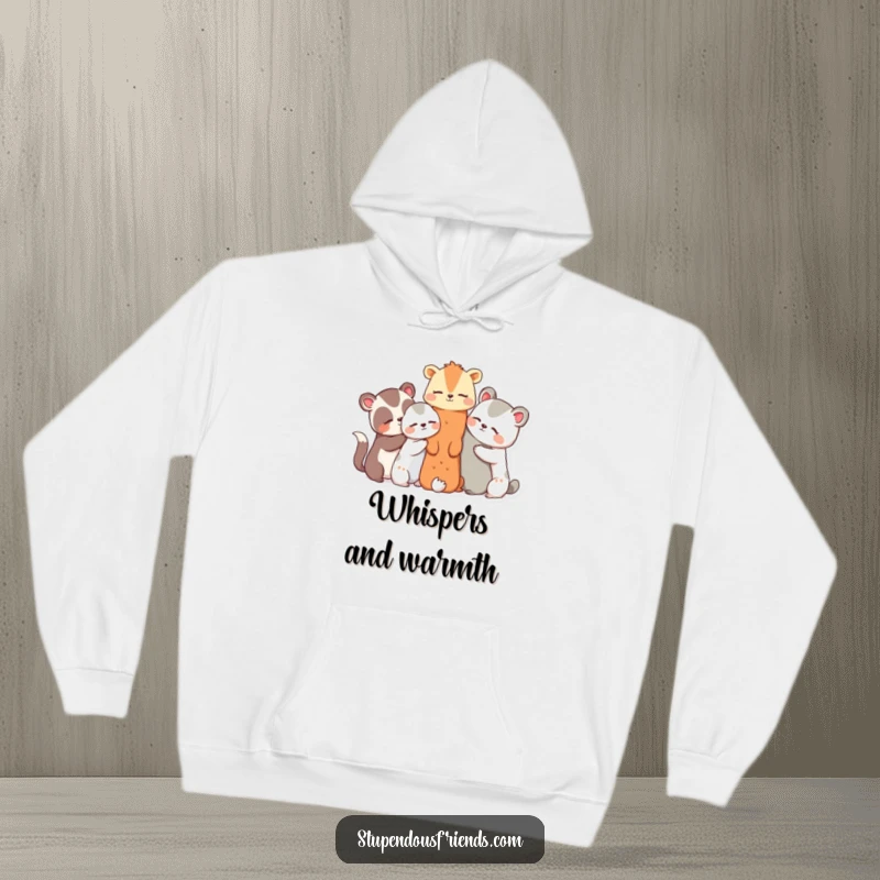 Funny hoodie showing a group of cute animal characters huddled together, sharing secrets and erupting in contagious giggles.