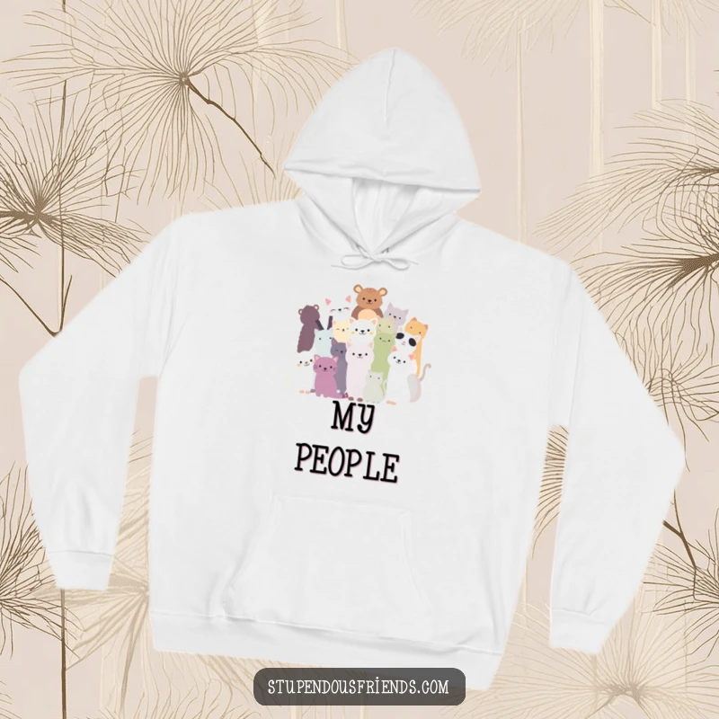 Funny hoodie with a silhouette of diverse animals in a supportive, cheerful huddle, perfect for cozy wear.