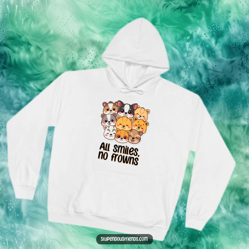 Cozy funny animal smile hoodie with a delightful array of beaming animal heads, offering warmth and humor. Perfect funny gift.