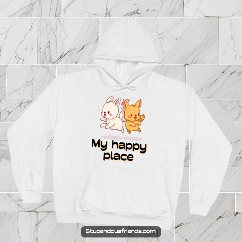 Funny hoodie illustrating a group of cheerful animals running, their tails artistically intertwined for maximum comedic effect.