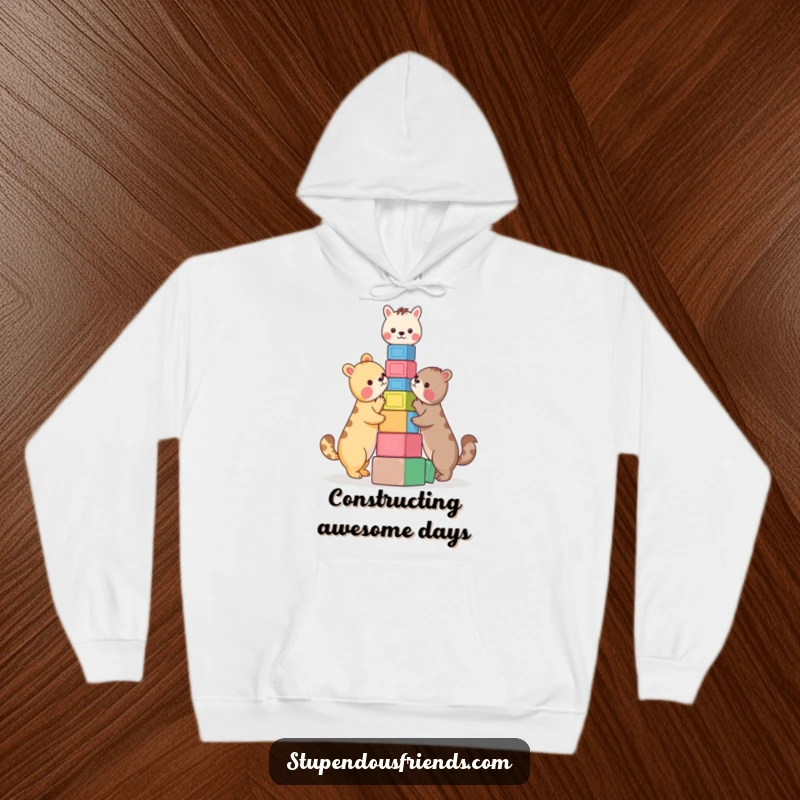 Funny Hoodie: Two animals joyfully building a tower with colorful blocks. This cozy and funny apparel celebrates creativity and fun.