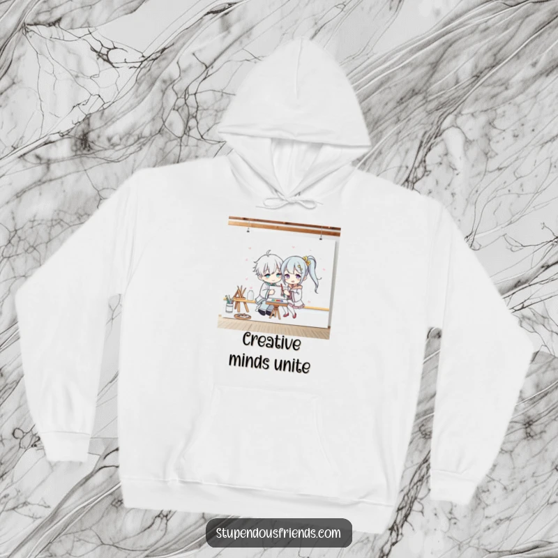 Funny hoodie depicting two characters collaborating on a massive canvas, radiating warmth, friendship, and artistic fun for screen readers.